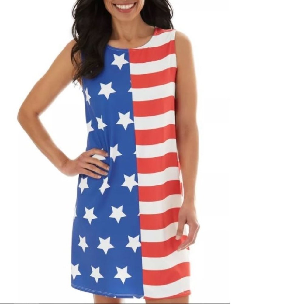4th of July Dress Womens XL Red White Blue Flag Swing Holiday Sleeveless Crew